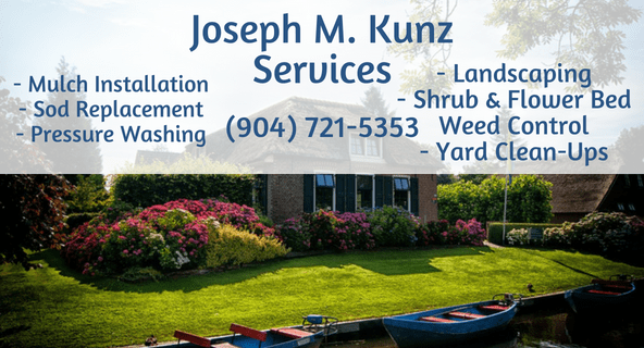 Joseph M Kunz Services providing Jacksonville lawn care services at a well-maintained garden with a brick house, trees, and professional landscaping.